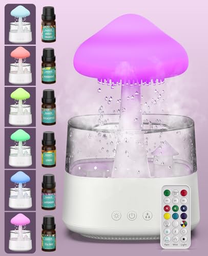 Image of Rain Cloud Humidifier Water Drip, 2 in 1 Humidifier with Essential Oil Diffuser,450ml Cloud Humidifier Rain Drop,Mushroom Humidifier with 7 Colors for Sleeping Relaxing