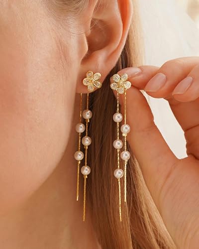 Gold Earrings for Women Trendy 14k Gold Plated Cubic Zirconia Flower Dangle Earrings Hypoallergenic Dainty Pearl Drop Chain Earrings Jewelry Gifts for Her4