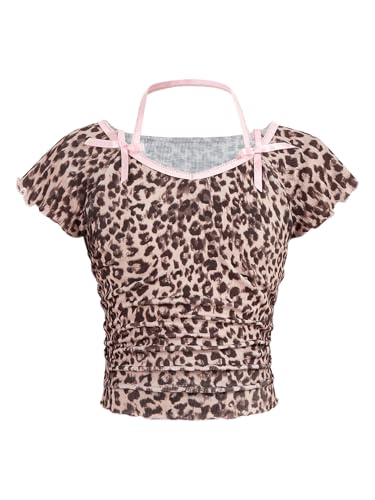 GORGLITTER Girl's Cheetah Print Top Bow Ruched Short Sleeve Halter Slim Fit Crop T Shirts