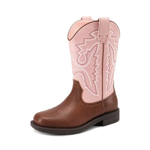 DREAM PAIRS Boys Girls Cowboy Boots Toddler Mid Calf Western Boots Square Toe Riding Boots for Kids 8 Toddler Pink/Brown