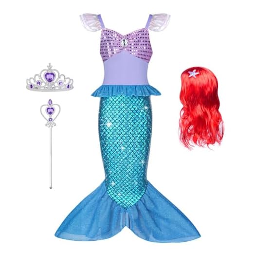 AOOWU Disfraz Sirenita Niña, 4pcs Disfraz Princesa Niña de la Sirena con Peluca, Corona y Varita Mágica, Disfraz Sirena Niña para Cosplay, Disfraz Halloween Niña para Carnaval Fiesta Cumpleaños, 100cm
