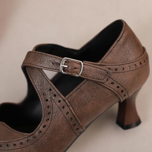 Women's Brown Classic Leather Stacked Heel Dress Round Toe Elegant Office Pumps2