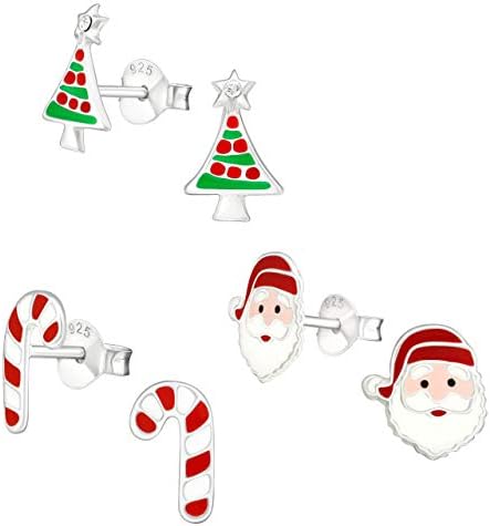 925 Sterling Silver (SET OF 3) Crystals Christmas Tree Santa Claus Candy cane Stud Earrings 28468