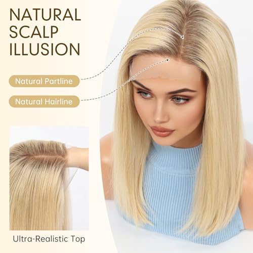 Image of KKU 100% Human Hair Wig, Lace Front Wigs Human Hair Side Part,Ombre Blonde Wig Human Hair, Real Human Hair Wigs for Women(16Inch)