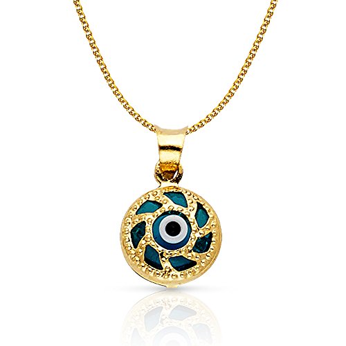 14K Yellow Gold Evil Eye Charm Pendant with 1.2mm Flat Open Wheat Chain Necklace