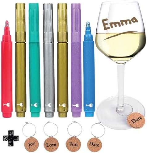 Vaci Markers Wine Glass Pack of 7 By + 4 Wine Glass Charms, Metallic Color Pens Drink Personalize your Drink, Washable Wine Accessories Gift