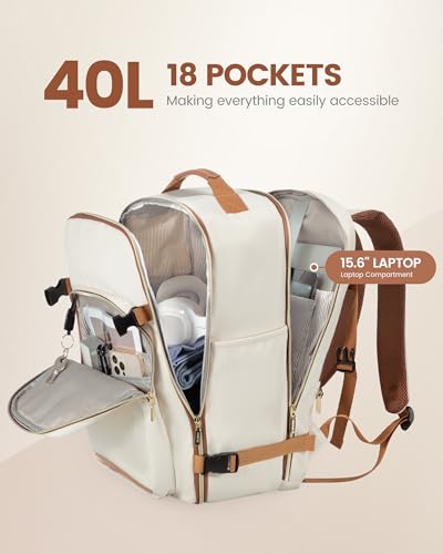 Image of LOVEVOOK Travel Backpack for Women & Men 40L,Airline Approved Carry On Backpack Travel Essentials,TSA Carry on Luggage,Waterproof Personal Item Travel Bag,Suitcase with 3 Packing Cubes,Beige-Brown