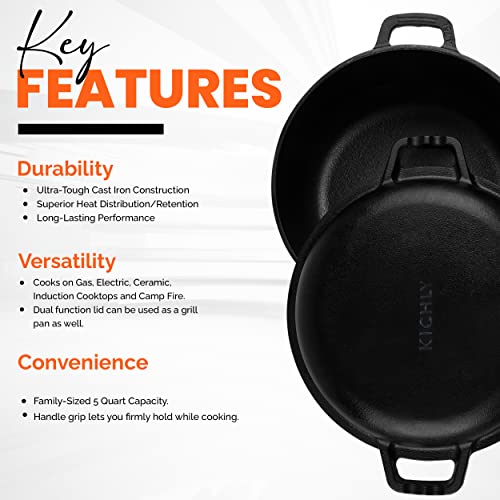 KICHLY 2 in 1 Cast Iron Dutch Oven with Dual Purpose Lid – 4.73 litre Cast Iron Pot with 27 cm Griddle Pan – Pre-seasoned Casserole Dish with Lid, Black - Image 4