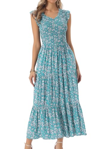 Image of Seta T Women's Summer Dresses Casual Ruffle Sleeveless V Neck Floral Sundress Flowy Smocked Beach Maxi Dress