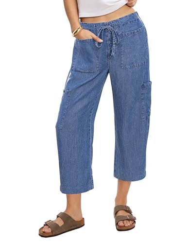 luvamia Barrel Jeans for Women Trendy Wide Leg High Rise Baggy Pull On Elastic Waist Button Fly Drawstring Denim Pants Brilliant Blue Size X-Large Fits US Size 16-18