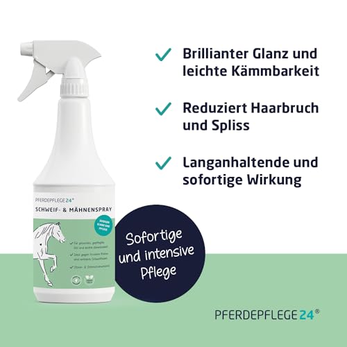 PFERDEPFLEGE24 Schweif und Mähnenspray für Pferde 1000ml - VERGLEICHSSIEGER - Brillanter Glanz, leichte Kämmbarkeit & Gesundes Fell - Mähnen und Schweifspray für Pferde in 5 Größen