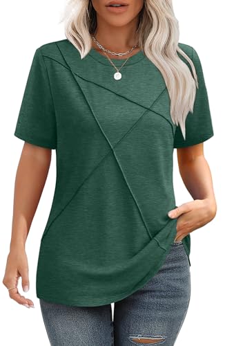 Image of XIEERDUO Womens Summer Tops 2026 Pleated Round Neck Short Sleeve Shirts Business Casual