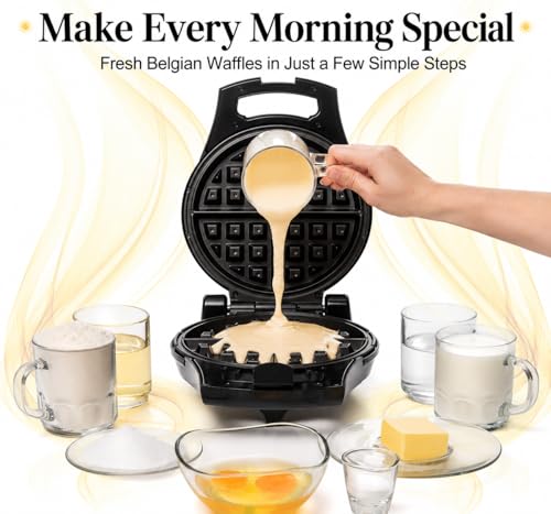 Image of Moss & Stone Belgian Waffle Maker - Rotating Flip Design, 8-Inch Electric Waffle Iron, Non-Stick Grids for Easy Release & Clean, Adjustable Temperature, Compact Upright Storage, Black