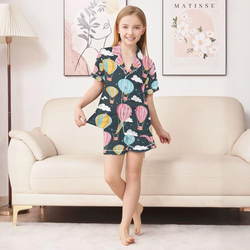 senya Colorful Air Balloon in The Sky Satin Summer Pajama Sets Silk Short Sleeve Button Down Sleepwear4