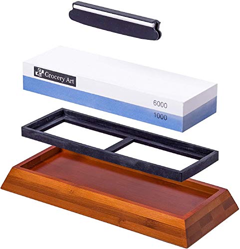 Grocery Art Whetstone Knife Sharpener - Knife Sharpening Stone - Waterstone 1000-6000 Grit with Non-Slip Bamboo Base and Angle Guide - Best Wet Stone Kitchen Knives Sharpening Kit
