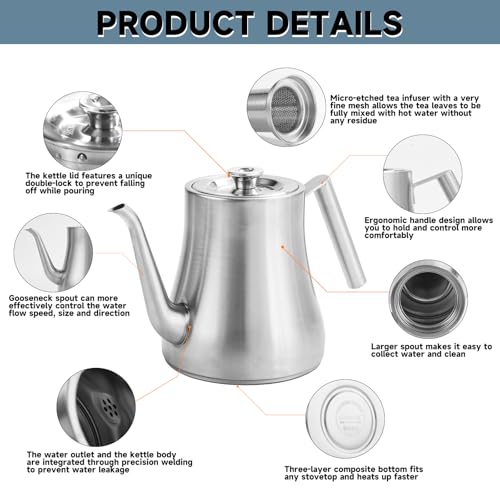 Gurudar 68Oz/2000Ml Stainless Steel Teapot With Removable Infuser, Stovetop & Dishwasher Safe Tea Maker Water Kettle For Loose Leaf & Tea Bags thumb #4