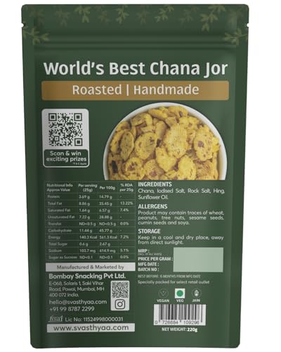 Image of Svasthyaa Roasted Chana Jor Garam Healthy Snack for Kids & Adults | Crispy Channa Namkeen, High Protein, Gluten Free | Vegan Jain Snack with Sea Salt & Hing | No Palm Oil, No Added Sugar 220g - Pack of 6