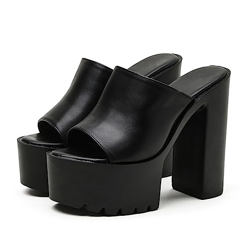 AdEptt Women's Platform Sandals with Block Heel Black Leather Summer Slippers,Schwarz,37 EU