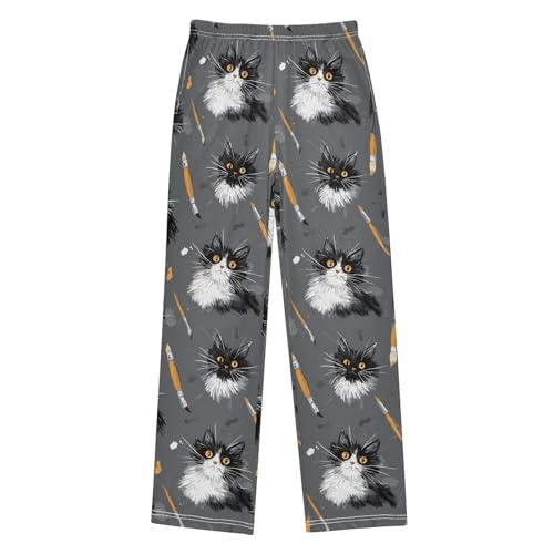 Pajama Pants Lounge Sleep PJ Bottoms Sleepwear Elastic Waist Drawstring S Cat Brush