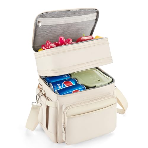 Insulated Lunch Bag & Lunch Box for Women - Double Deck Reusable Lunch Bag for Men Tote Cooler Bag Leakproof Soft Expandable - Large Lunchbox for Work/Adult/Picnic/Outdoor(Cream?15L)