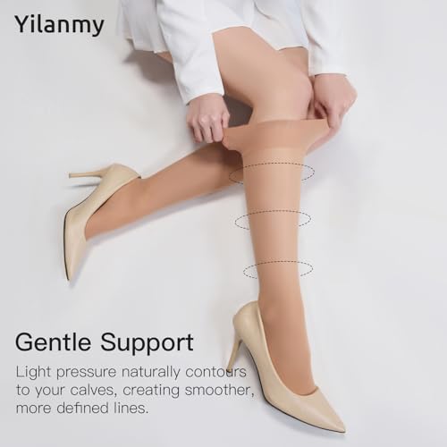 Image of Yilanmy 3 Pairs Sheer Compression Socks for Women 8-10 mmHg Knee High Stockings Support Work Office Travel Daily Wear