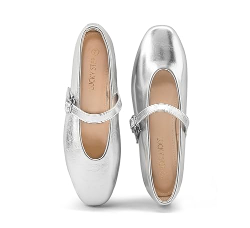 LUCKY STEP Women's Mary Jane Flats Buckle Strap Ballet Dress Pointed Toe Daily Casual Low Heel Faux Leather Formal Wedding Shoes