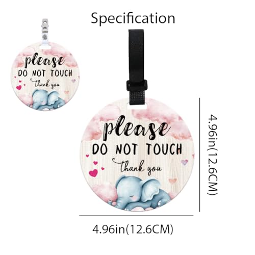 Image of 2 Pack Cute Elephant No Touching Signs Pink Stop No Touching Safety Sign for Family PVC Seat Signs-Stroller Tag with Hanging Strap and Clip for Car Accessories 5 Inches
