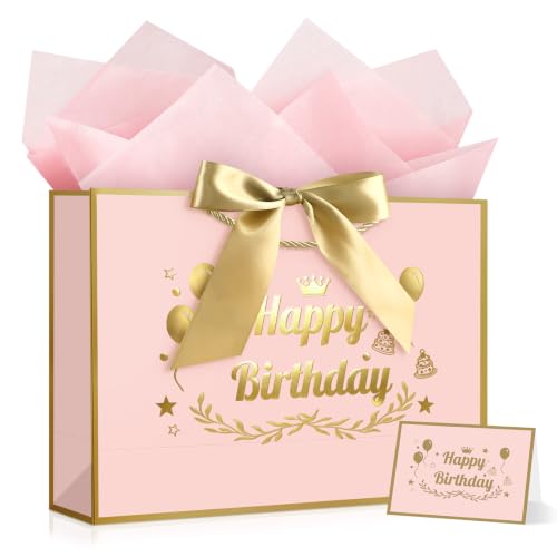 Image of JMANNI Pink Gold Happy Birthday Gift Bag with Card and Tissue Paper, 12.6 inchx8.66 inchx3.9 inch Elegant Present Bag for Men Women, Year Old Birthday Keepsake Party Supplies