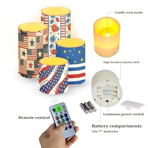Image of Novelty American Flag Decorative Flickering Flameless Candles with Battery Powered LED Candles with Remote Timer Control 4 Pcs Set for July 4th American Independence Day Theme