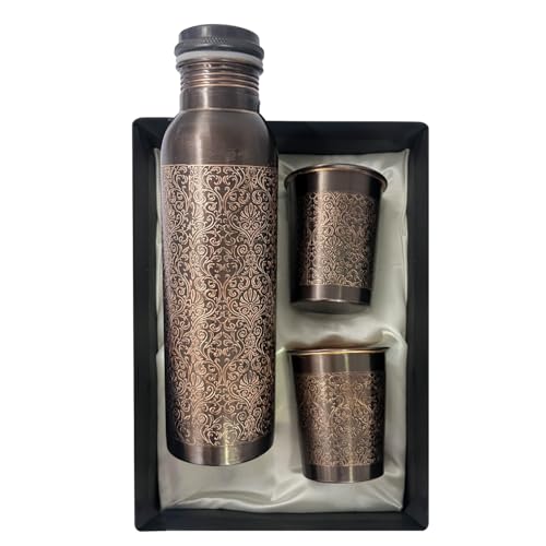 Image of Copper Water Bottle 1 Ltr | Copper Water Bottle with Glass Set | Meena Work | 100% Pure | Leak-Proof | 2 Water Glass 300ml each | Best for Gifting ((Dark Brown Design))