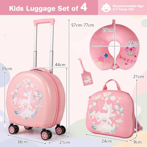 COSTWAY 4 Pieces Kids Suitcase, 14 Inch Luggage & Backpack Set with Neck Pillow, Name Tag, Extendable Handle, Children Travel Trolley Bag for Boys Girls (Pink) - Image 5