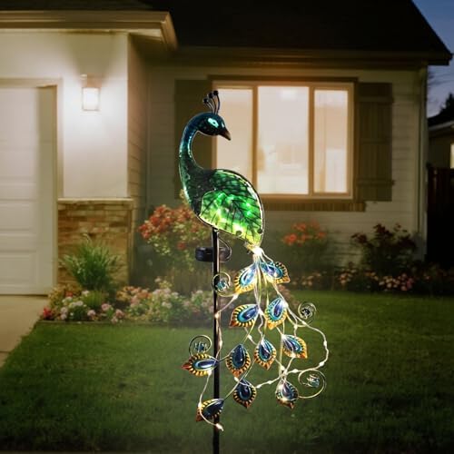 Solar Peacock Garden Stake Lights Outdoor, Waterproof Metal Glass Decorative Landscape Path Lights with Thick Stake Glow in The Dark Eye for Pathway Patio Lawn Yard