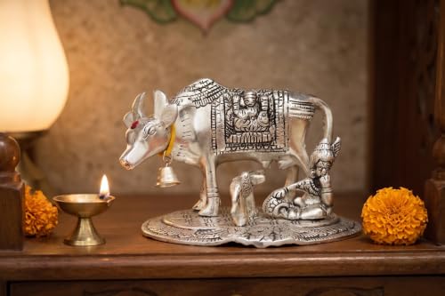 Image of KridayKraft Kamdhenu Cow and Calf with Krishna Idol, Silver-Plated Decorative Showpiece for Home Decor and Gift, 14 x 11 cm X 10 cm, 350 g