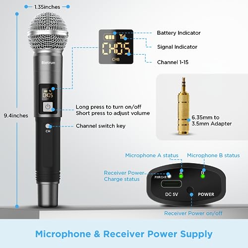 Wireless Microphone Singing Karaoke,Plug&Play Dual Cordless Dynamic Handheld Wireless Mic With Rechargeable Receiver For 1/4'',1/8'' Output, Microphone For Adult, Kids,Wedding,Party,Church,Uhf 98Ft #TOP6