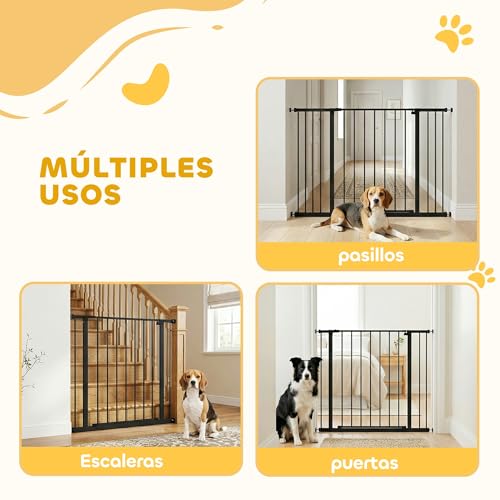 Miniatura 4 de Pawhut Barrera De Seguridad Extensible Para Puertas Y Escaleras Para Perros Y Bebé, Barrera Para Mascotas, Ajuste A Presión, Apertura Con Una Sola Mano, 2 Extensiones 15 10 Cm, 76-107x76 Cm, Negro