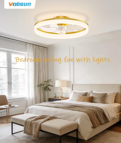 Image of VOLISUN Low Profile Ceiling Fans with Lights and Remote, 20in Fandelier Ceiling Fan Flush Mount, 3000K-6500K Smart Bladeless LED Fan Light, Gold Modern Ceiling Fans with Lights for Bedroom