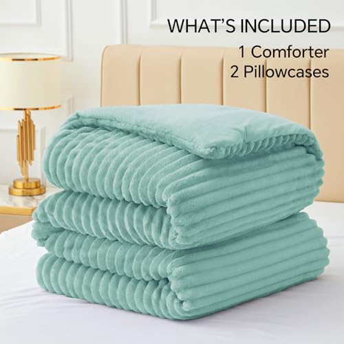 Image of BEDELITE Fleece Queen Comforter Set -Super Soft & Warm Fluffy Haze Blue Bedding, Luxury Fuzzy Heavy Bed Set for All Season with 2 Pillow Cases