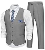 Saruit Men’s Linen Suit Slim Fit 2 Piece Lightweight Summer Suits Beach Wedding Vest Pants Set Grey