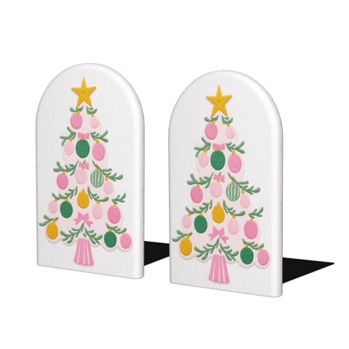 Fermalibri a forma di albero di Natale in tessuto rosa con stella gialla per mensole, 2 pezzi, in legno, fermalibri per casa, ufficio, biblioteche
