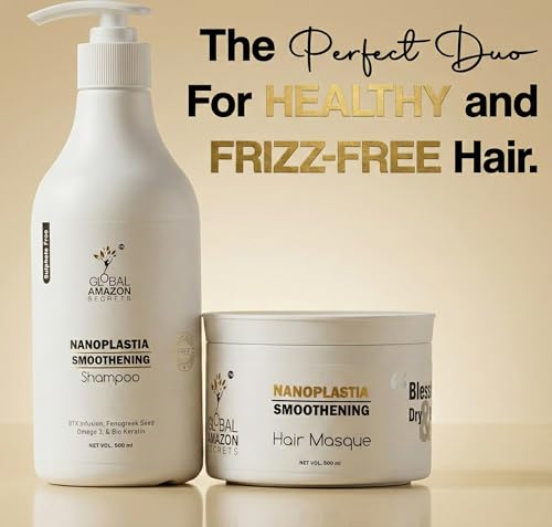 Image of Global Amazon Secrets Original Combo Nanoplastia Shampoo & Hair Masque(mask) 500ml each | Btx Infusion, Fenugreek, Omega 3 & BioKeratin | Sulphate, parabens & Silicon Colour Free(1 shampoo 1 masque