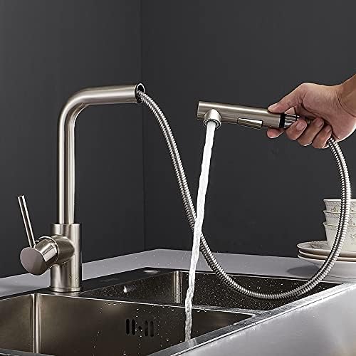 Kitchen Sink Faucet for Bar Farmhouse Commercial, Swiveling, Brass Brushed Nickel High Arch, Pull Out Rotation Spray Mixer Tap
