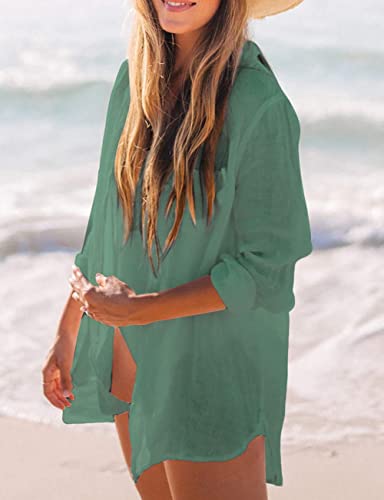 Image of Bsubseach Women Long Sleeve Beach Shirt Blouses Bathing Suit Cover Up Button Down Collar