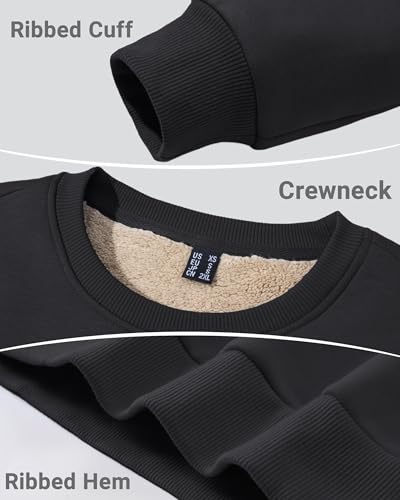 Boladeci Black Crewneck Sweatshirts for Men No Hood Sherpa Lined Heavy-weight Thick Thermal Long Sleeve Fleece Pullover Cotton Extra Warm Winter Cold Weather Insulated Top