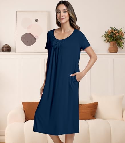 Image of NACHILA Women's Nightgowns-Viscose Made from Bamboo,Short Sleeve Nightshirt Soft Sleep Shirts Cool Sleep Dress with Pockets