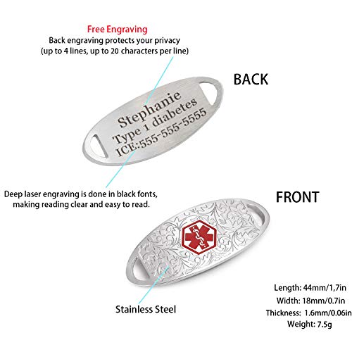 BAIYI HOPE Personalized Floral Medical Alert ID Bracelet Interchangeable Wheat Chain Medical Health Awareness Bracelet Stainless Steel Diabetes Emergency Identification Jewelry