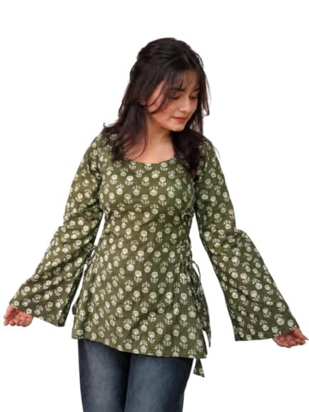 Women's Cotton Short Kurti with Rose Printed |Elegant Sweetheart Neck | Full Bell Sleeves Ethnic Kurti Kurti for Office & College-image-34