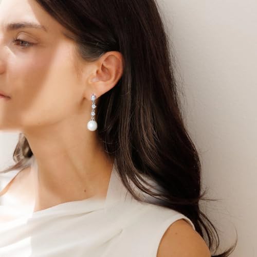 10mm White Pearl Drop Earrings for Women Bridal Wedding Jewelry - 14K Silver Plated Cubic Zirconia Studs, Hypoallergenic Bridesmaid Gifts4