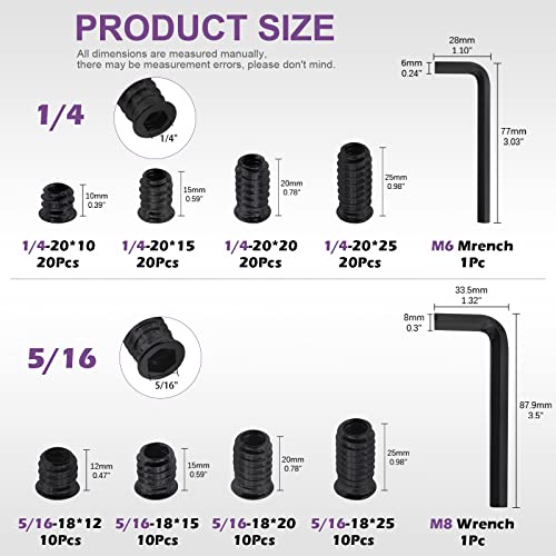 Swpeet 122Pcs 1/4" + 5/16" Black Zinc Plated Carbon Steel Carbon Furniture Screw in Nut Threaded Wood Inserts Threaded Inserts Bolt Fastener Connector Hex Socket (1/4" + 5/16" Assortment Kit)