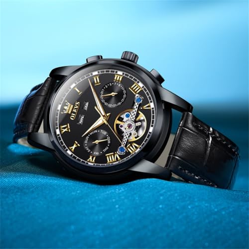 Image of OLEVS Mechanical Dress Mens Watches Square Brown Leather Strap Moon Phase Skeleton Tourbillion Day Date Waterproof Luminous Men's Wrist Watches
