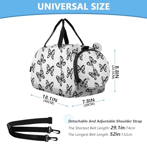 Butterfly Heart Shape White Kids Travel Duffel Bag for Boys Girls Overnight Weekend Tote Bag with Shoes Compartment for Beach Swim Trip3